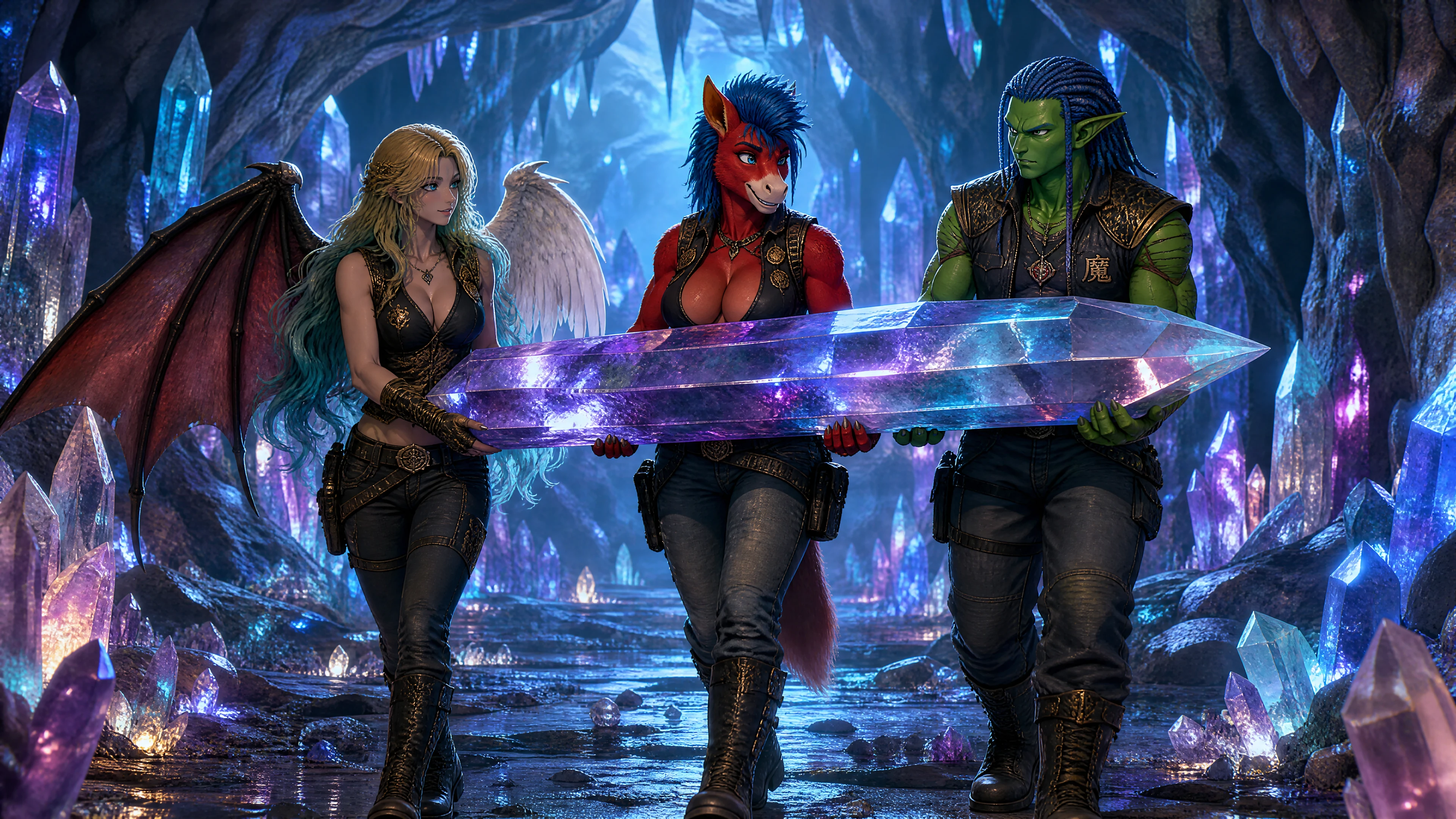 Three heroes carrying a massive crystal in a cavern