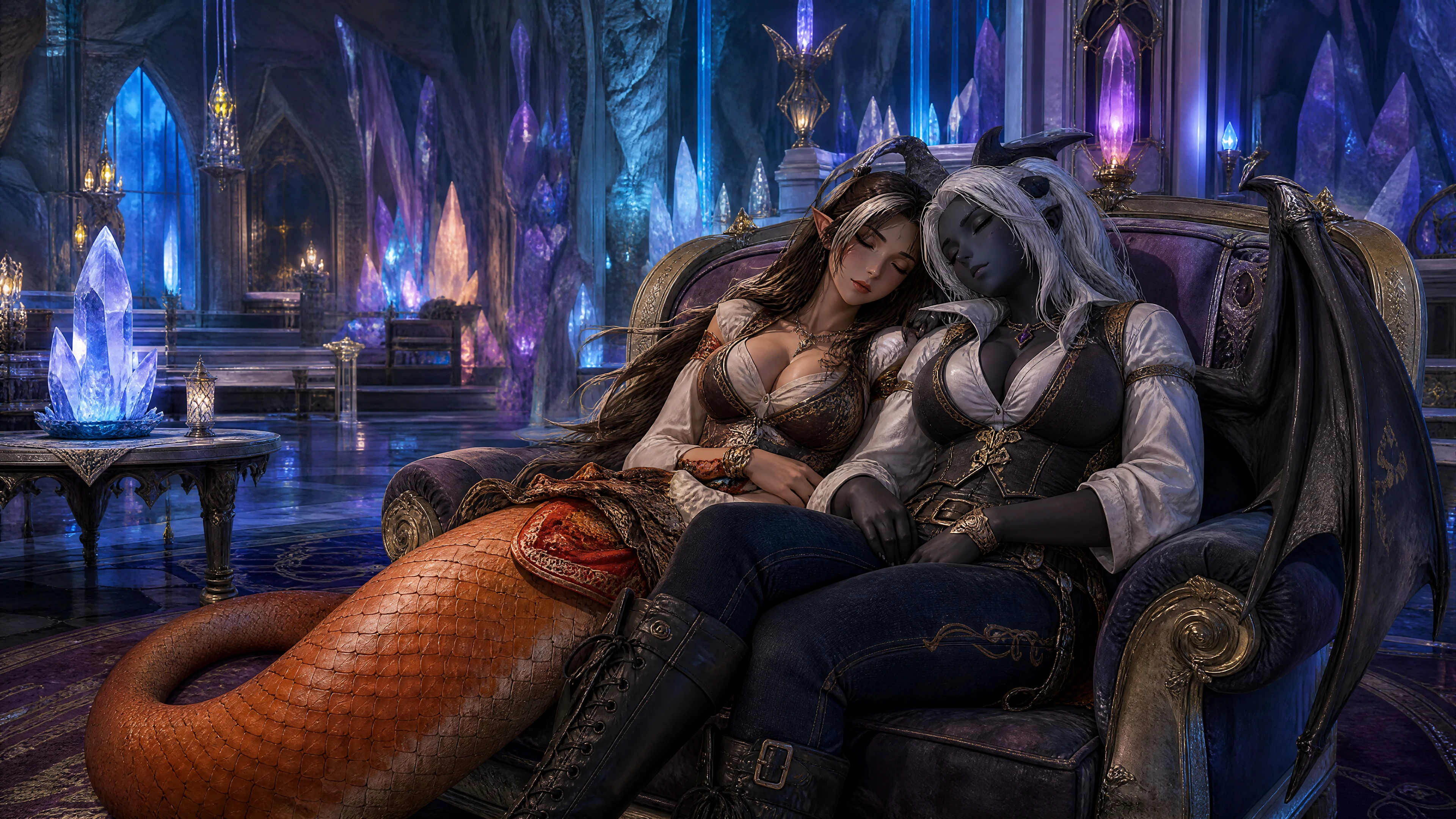 Two fantasy wives sleeping together in a crystal cavern