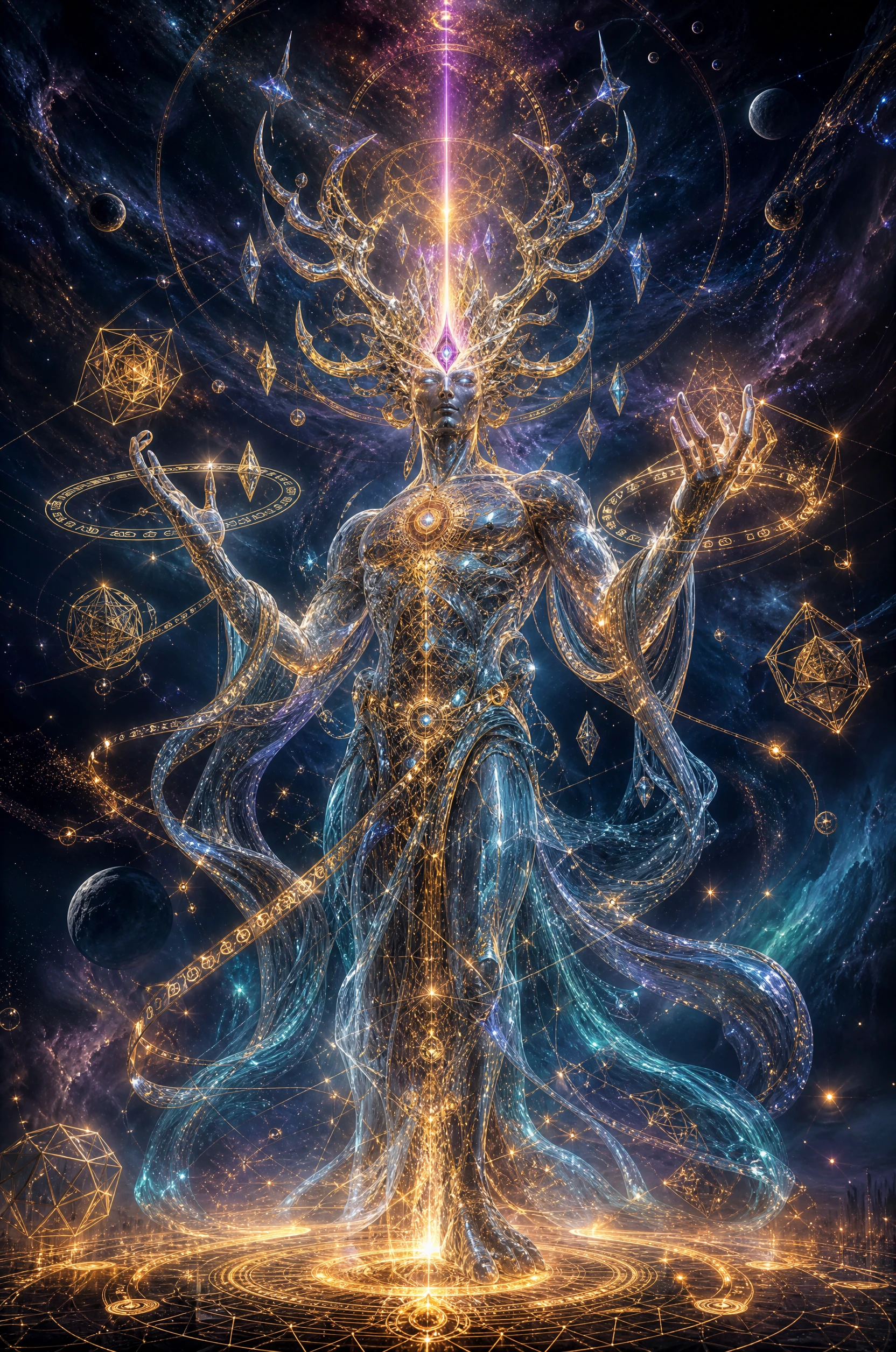 Celestial architect entity with fractal crown in cosmic void