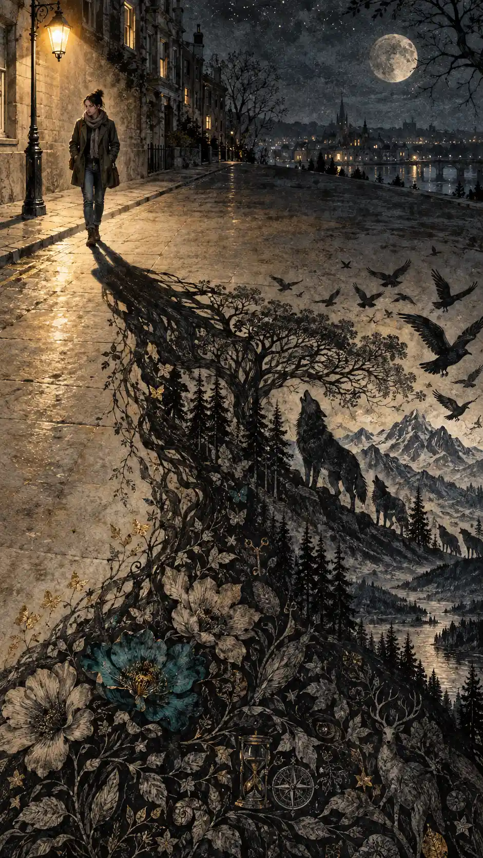 Woman Walking Under A Streetlamp With Expanding Shadow