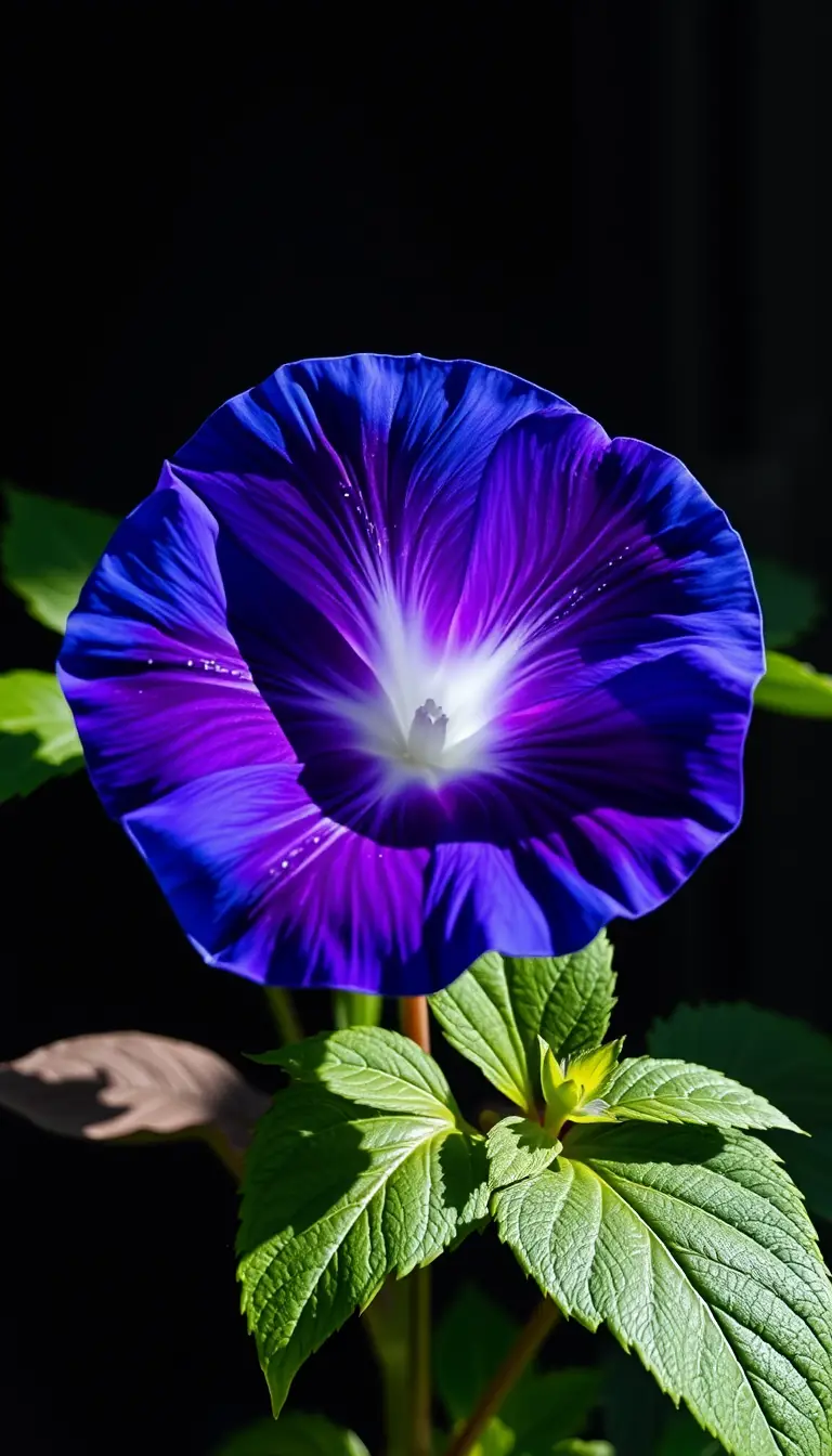 Close up of a blue morning glory flower on green vine