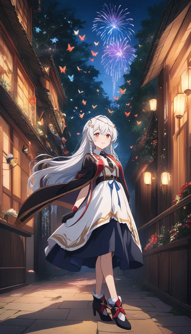 Elegant anime girl in ornate outfit inside temple hall