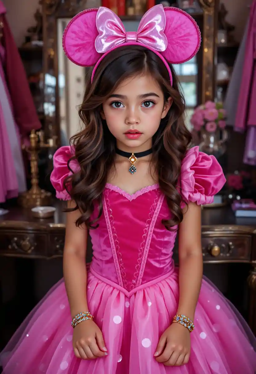 Tween boy in princess costume posing by vanity mirror
