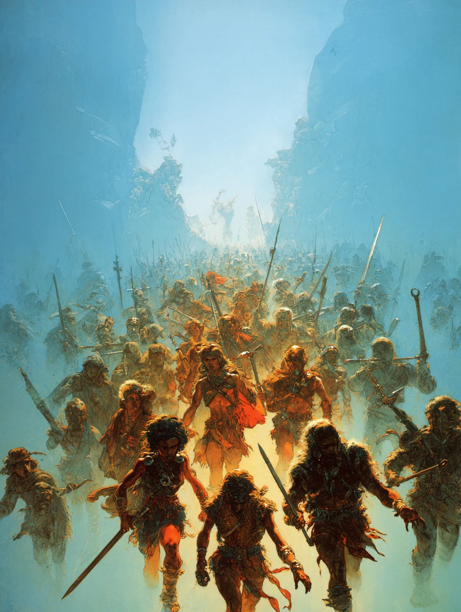 Epic fantasy warriors facing the marching armies of darkness