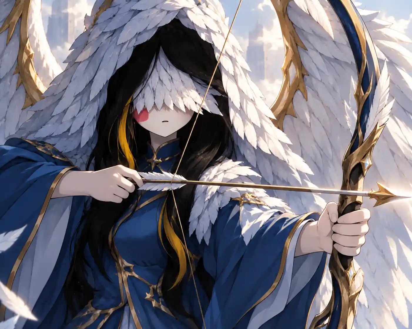 Dark haired angel archer with feathered hood and wings