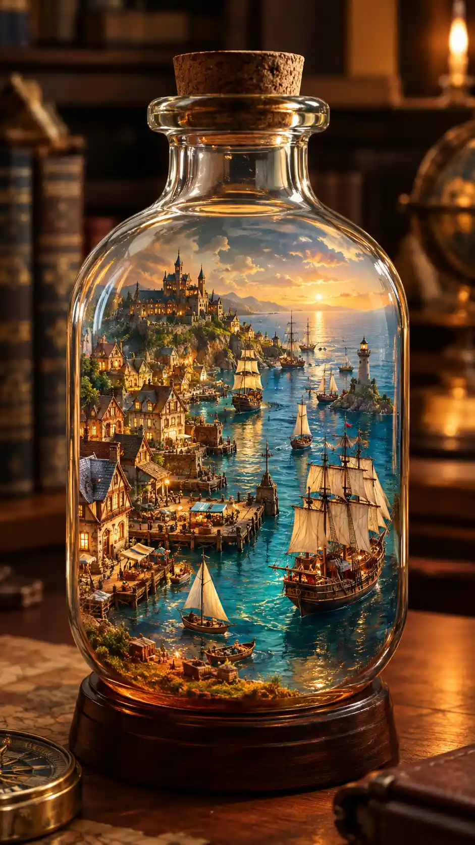 Mundo portuario en miniatura que brilla dentro de una botella de vidrio antigua