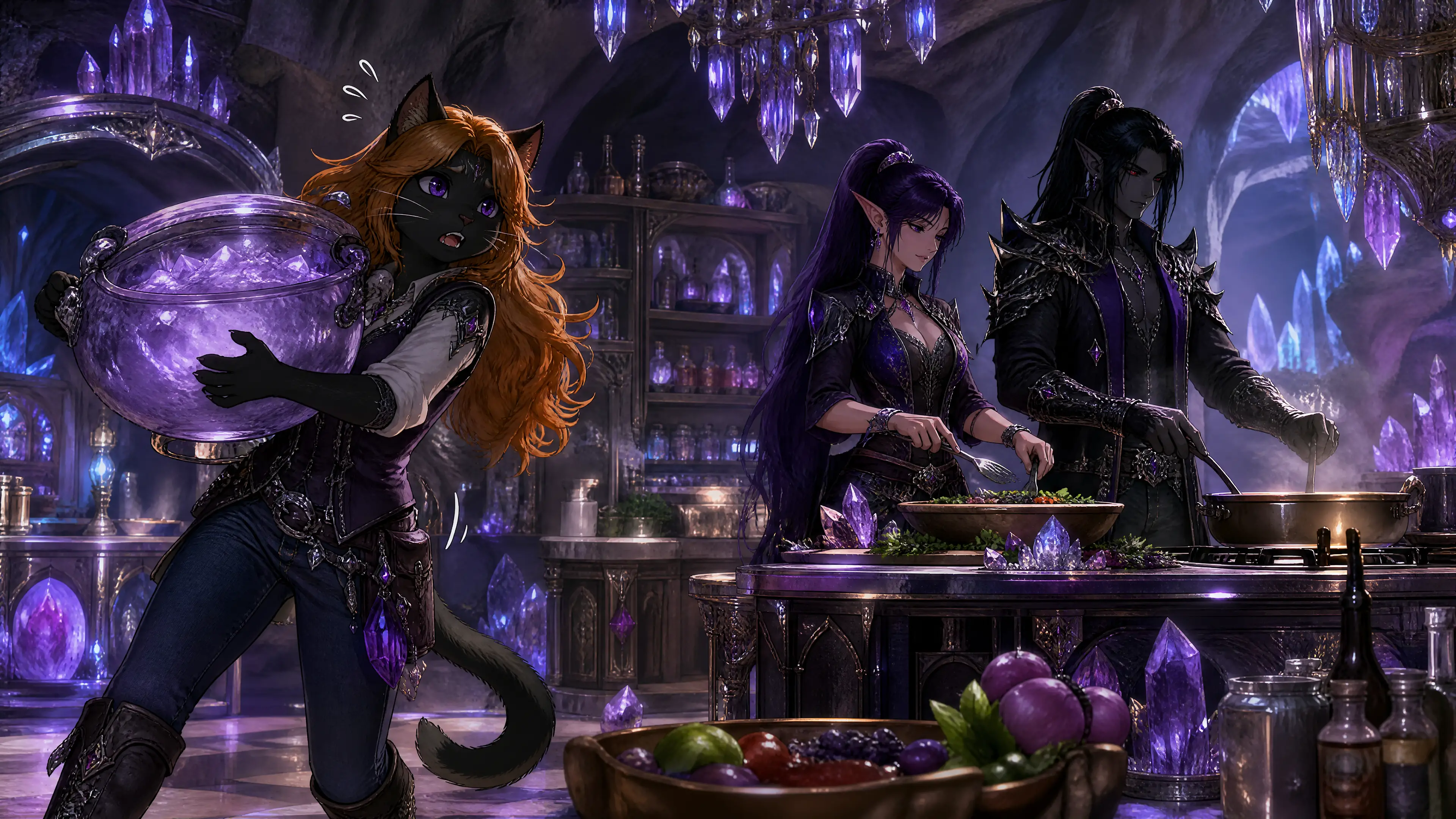 Chatte anthro et couple eldar cuisinant dans une cuisine de grotte de cristal