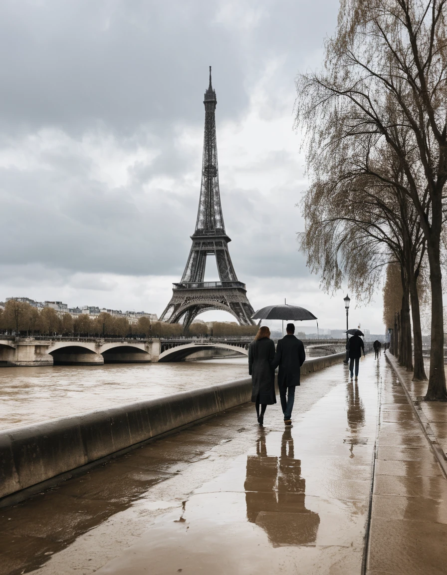 Couple Walking By The Seine On A Rainy Paris Day