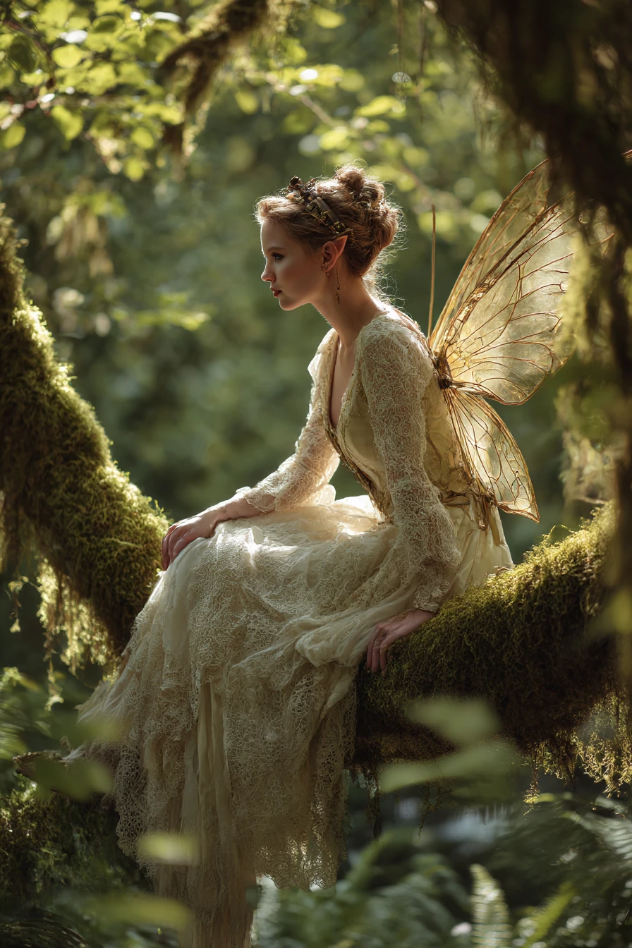 Steampunk fairy resting on a mossy branch in forest light
