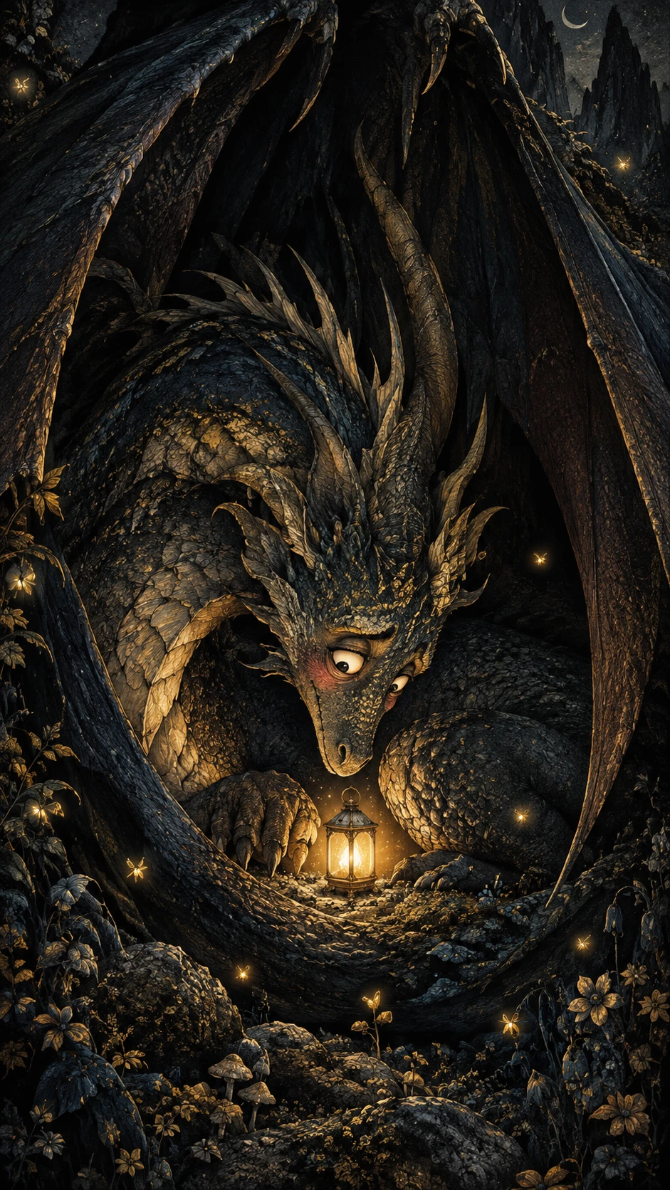 Dragon embarrassé gardant une minuscule lanterne lumineuse