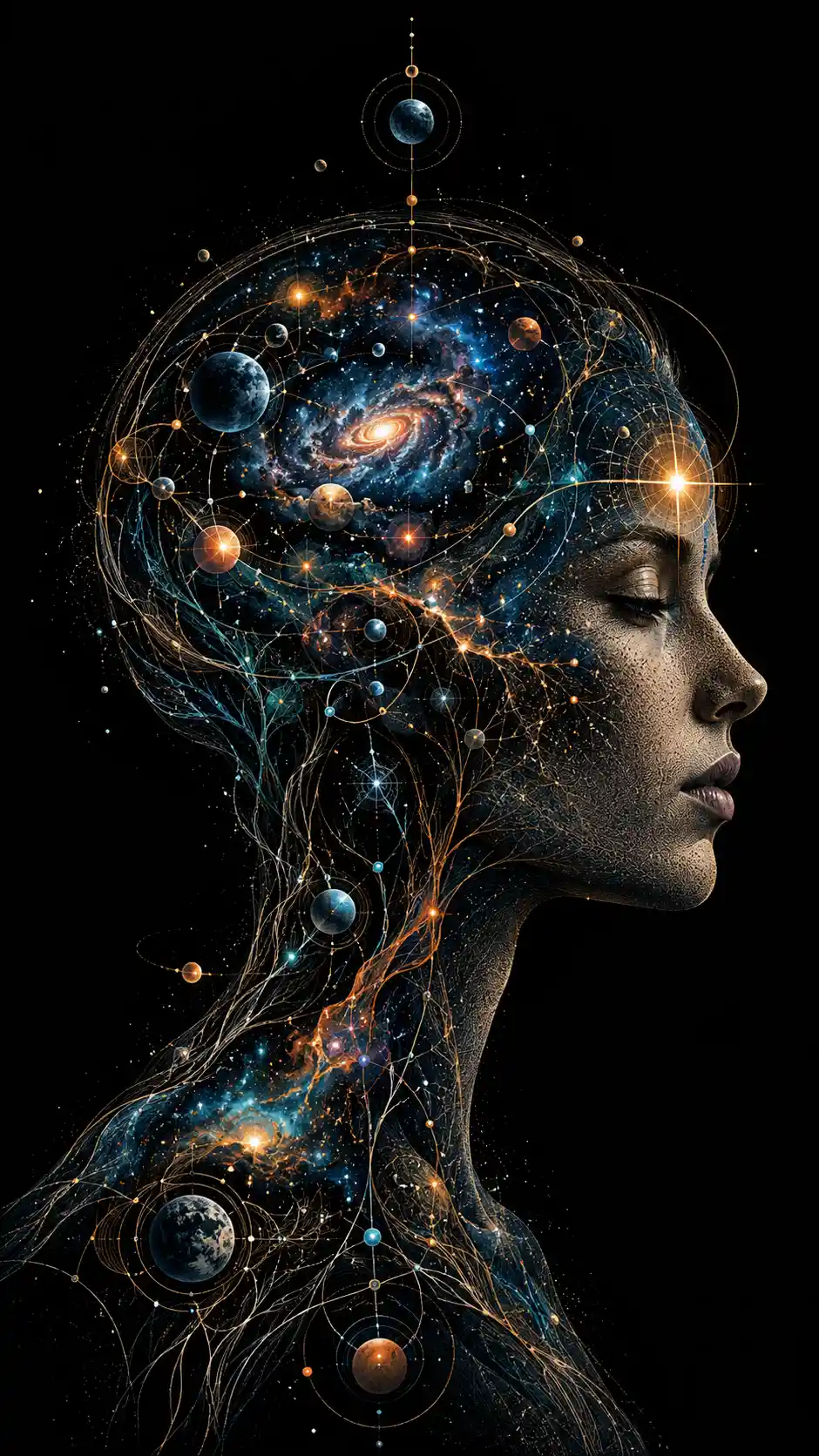Perfil cósmico surreal de una mente celestial andrógina