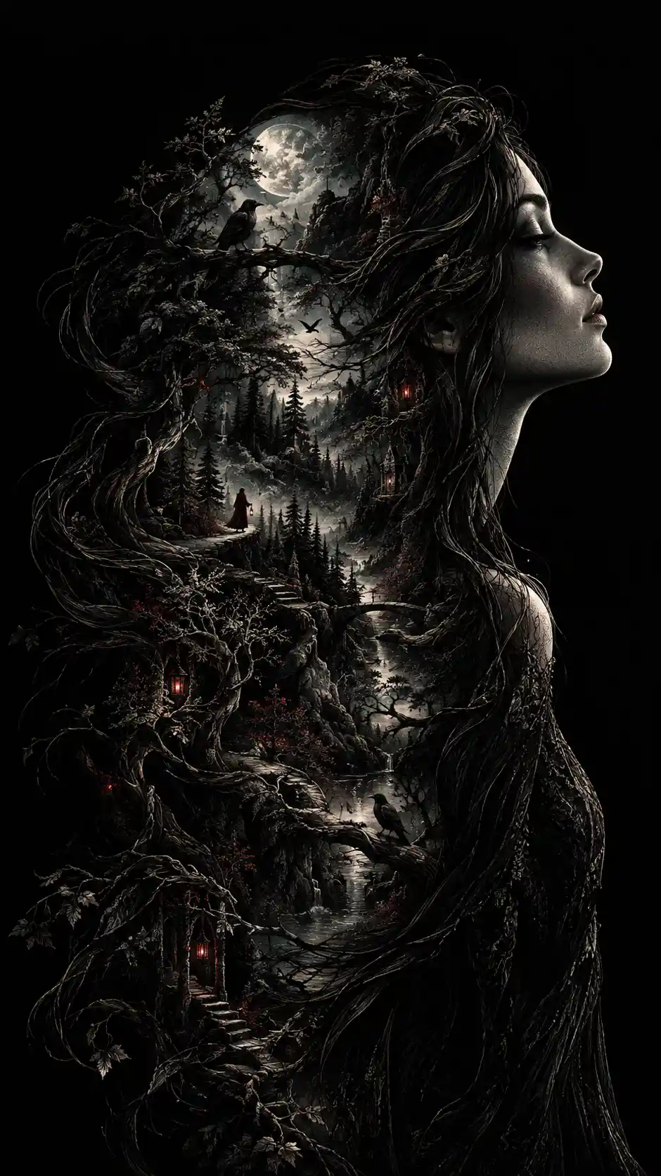 Woman in profile with hair transforming into dark forest