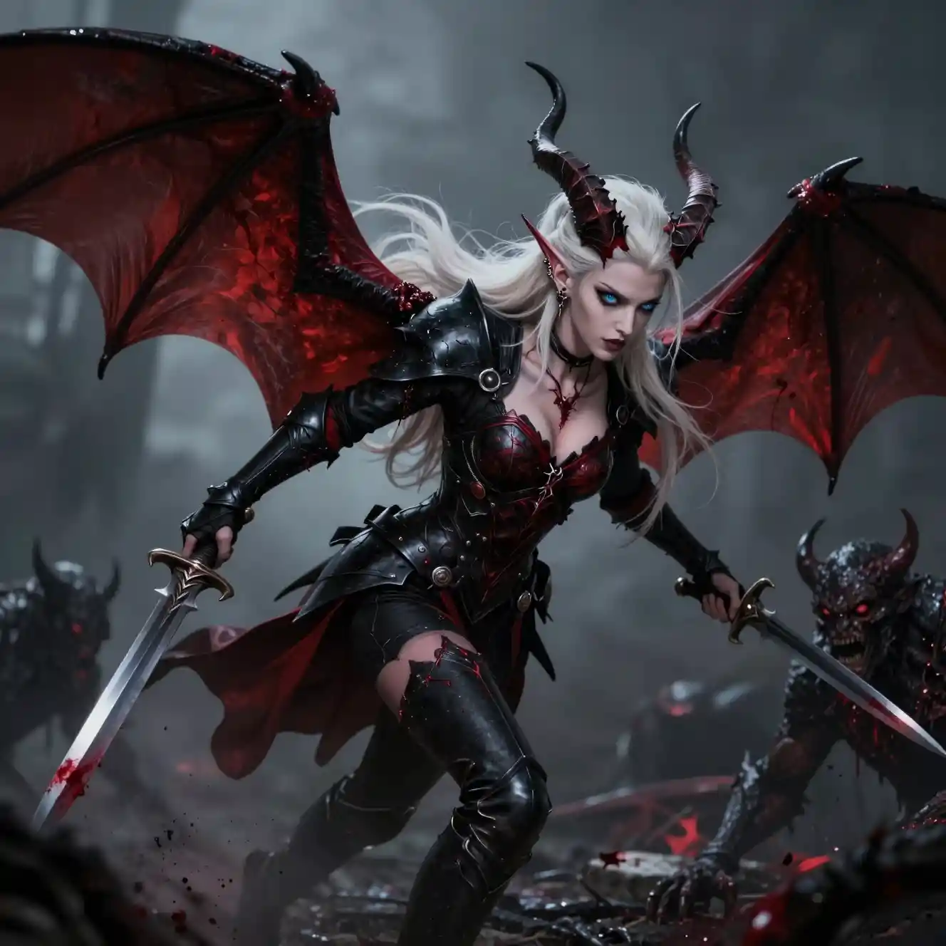 Winged tiefling warrior battling demons in midair