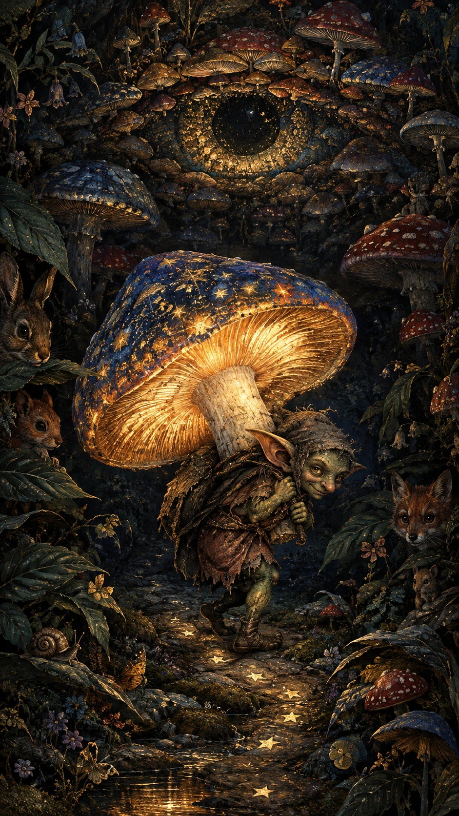 Tiny goblin carrying a glowing mushroom through forest