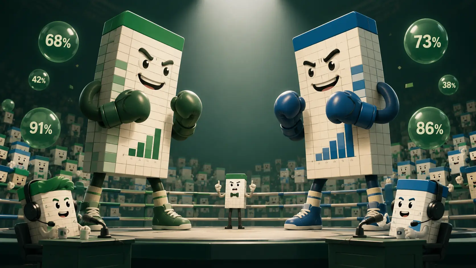 Anthropomorphic spreadsheet columns as rival champions in arena