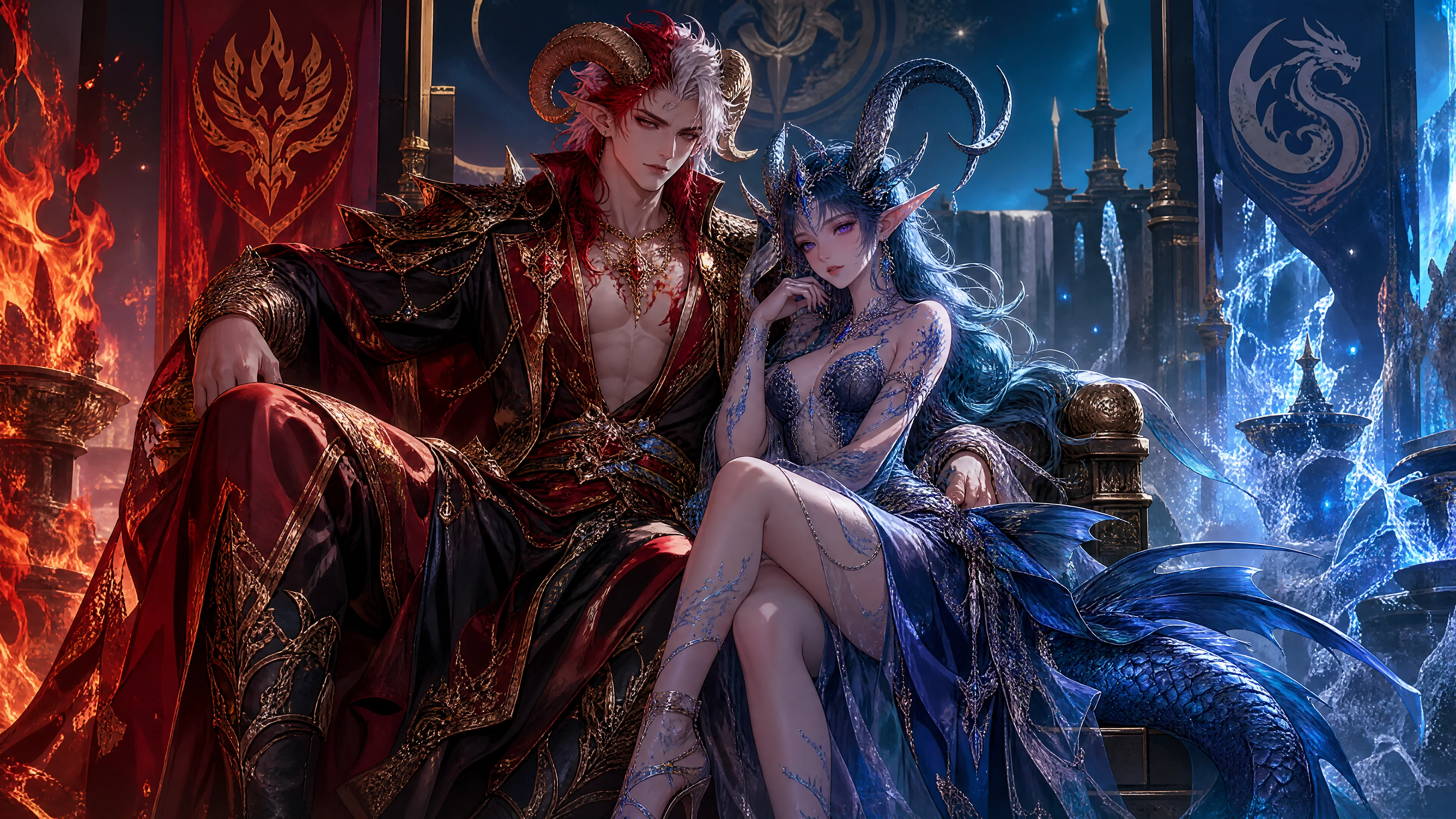 Fireborn king with curved horns in royal garments