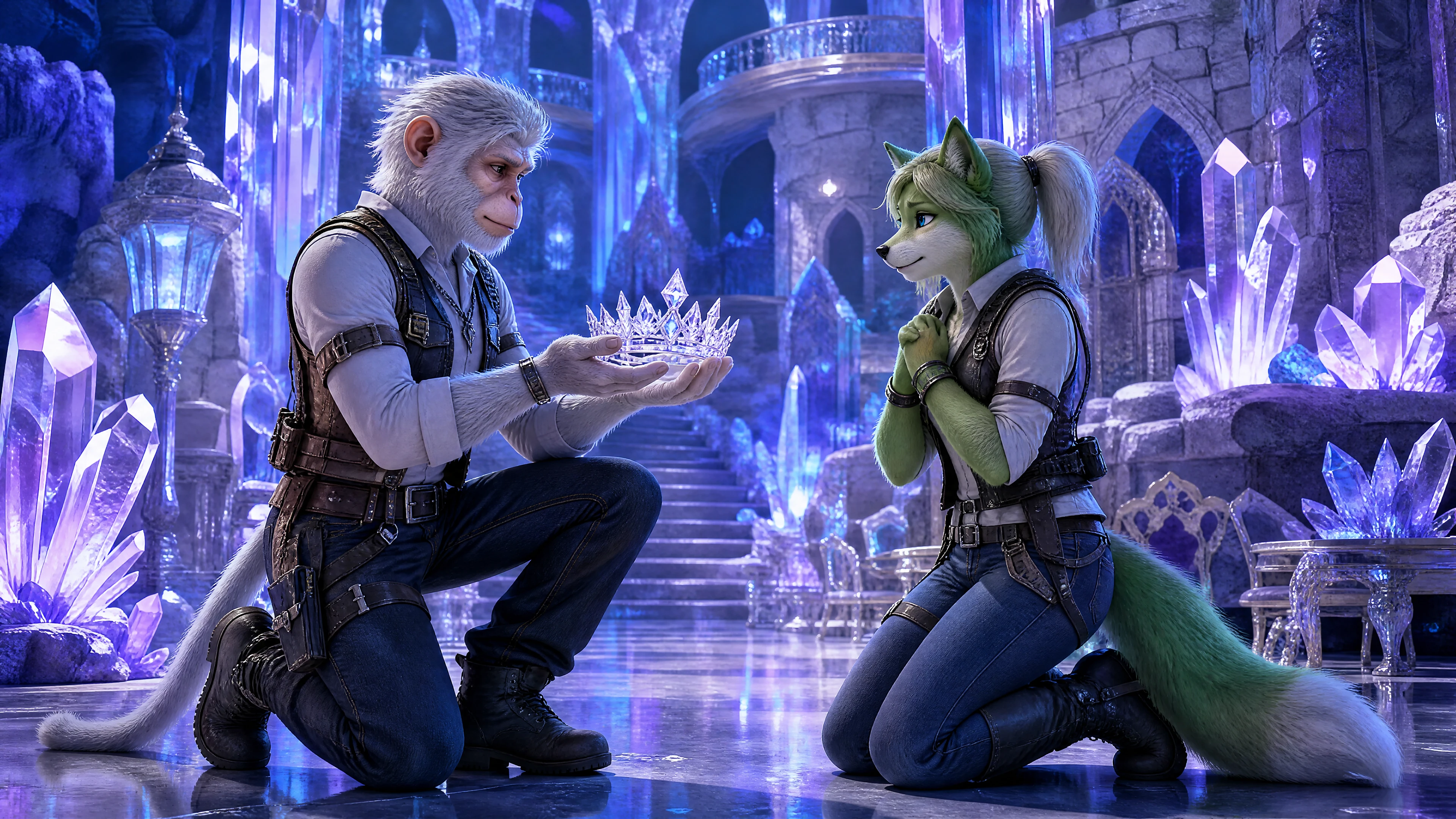 Anthro couple trading a crystal crown in cavern