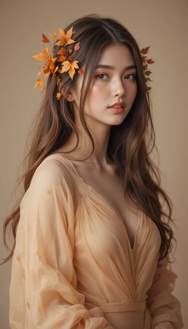 Young woman with autumn leaves in flowing sheer fabric