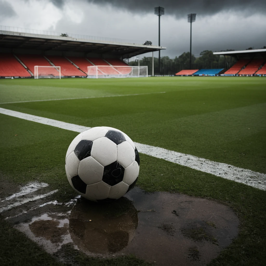 Deflated Soccer Ball On Rain Soaked Empty Field
