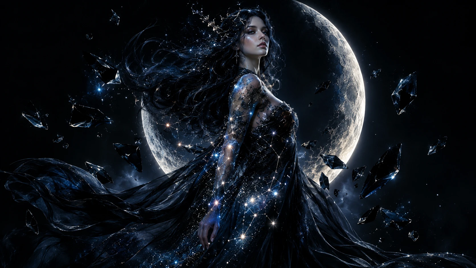 Mystical Woman Of Stars Before A Crescent Moon