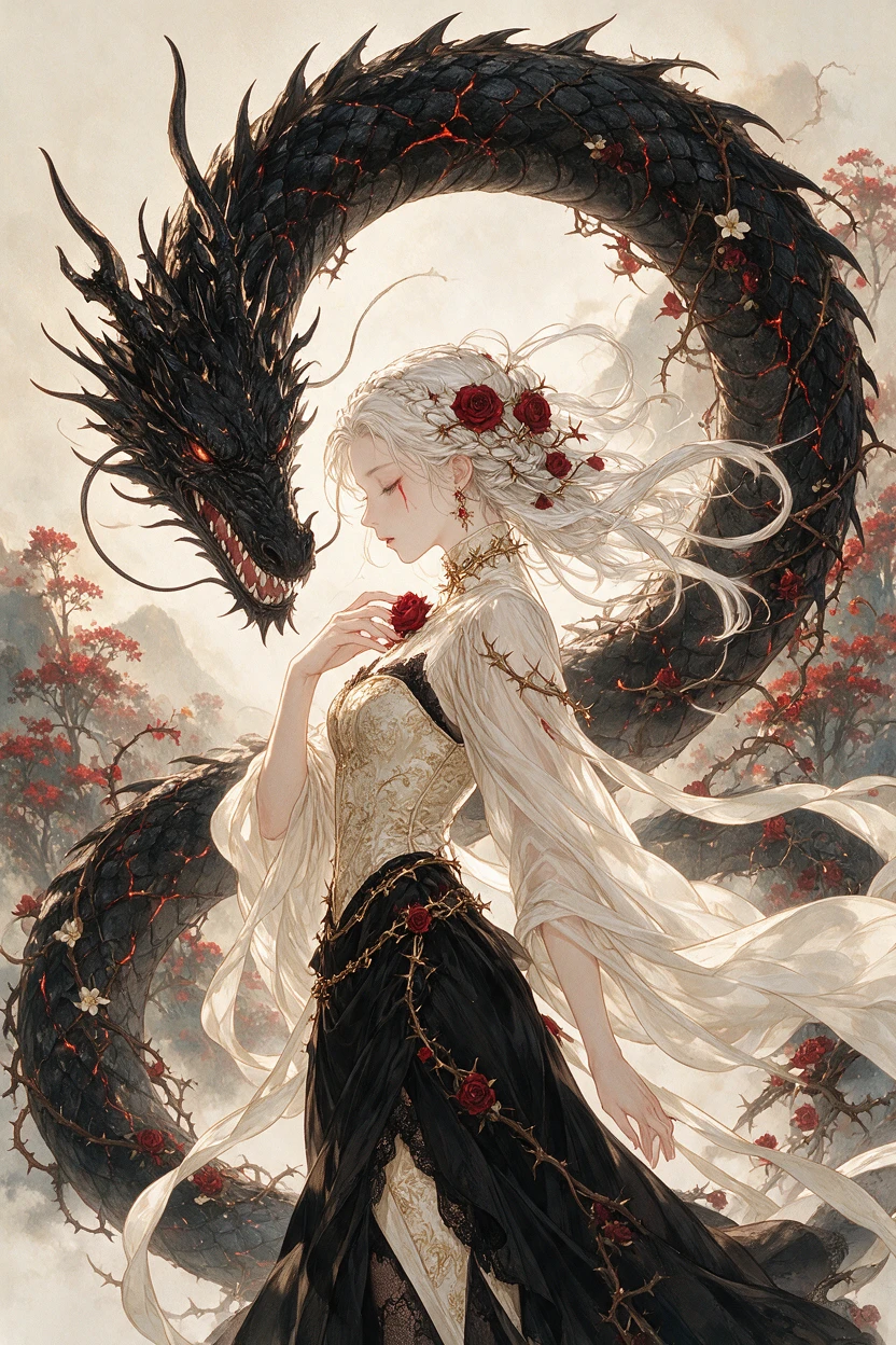 Ethereal woman with roses and coiled dragon behind her