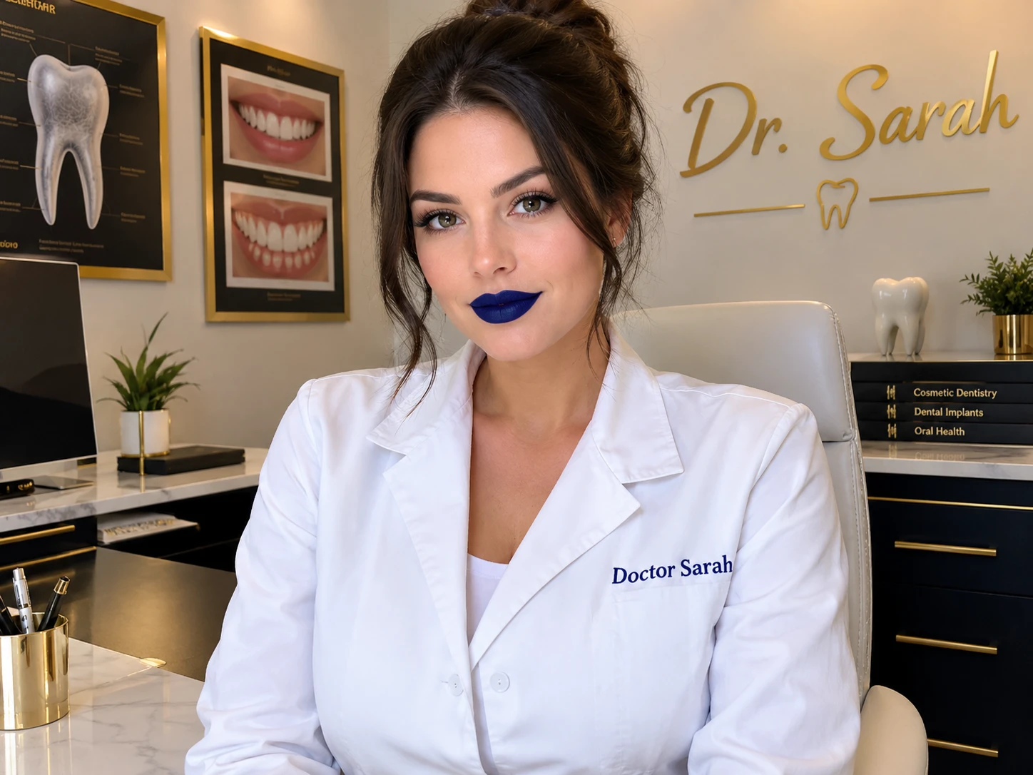 Mujer de labios azul oscuro con blusa blanca de doctora en el escritorio