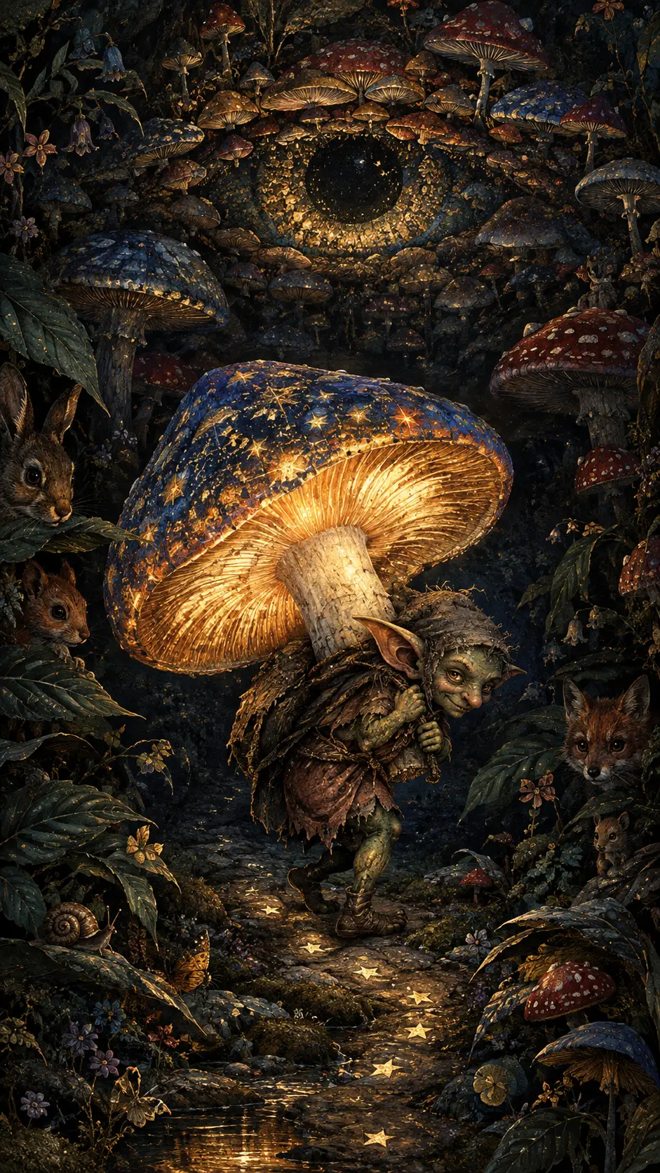 Tiny goblin carrying a glowing mushroom through forest