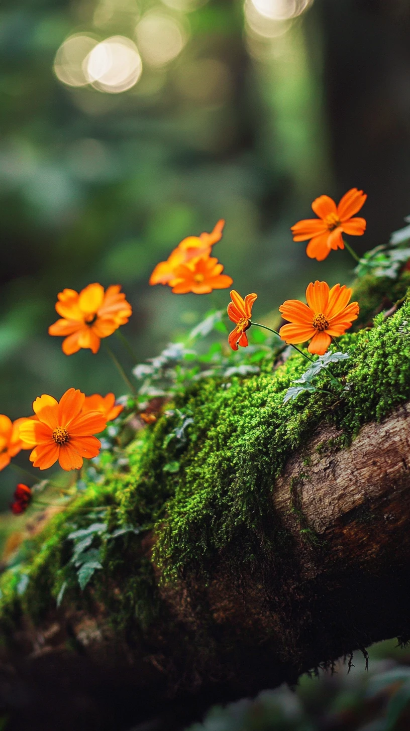 Orange Flowers On Mossy Log In Lush Green Forest