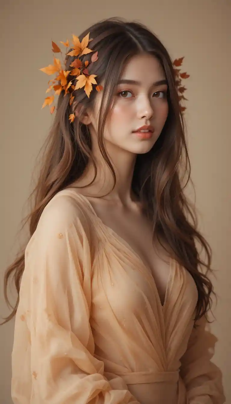 Young woman with autumn leaves in flowing sheer fabric