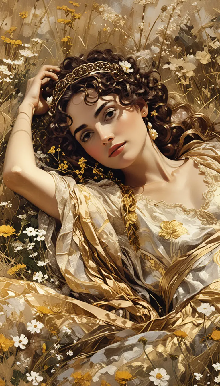 Woman reclining in golden wildflower meadow portrait