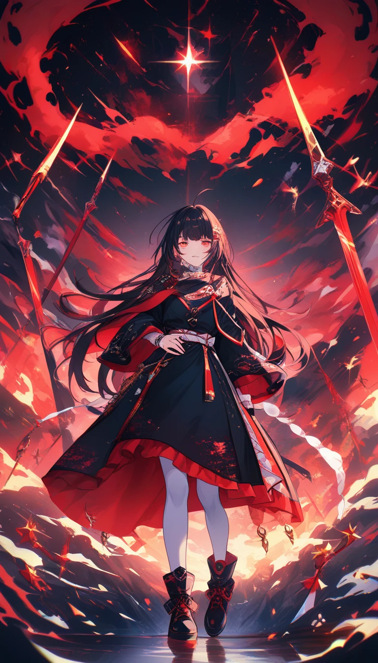 Trauriges Anime-Mädchen, das durch ein Feld aus Schwertern geht