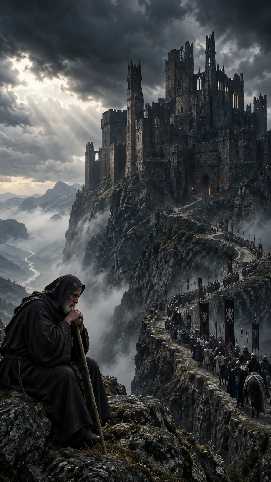 Ancient gothic castle towering above a misty mountain valley