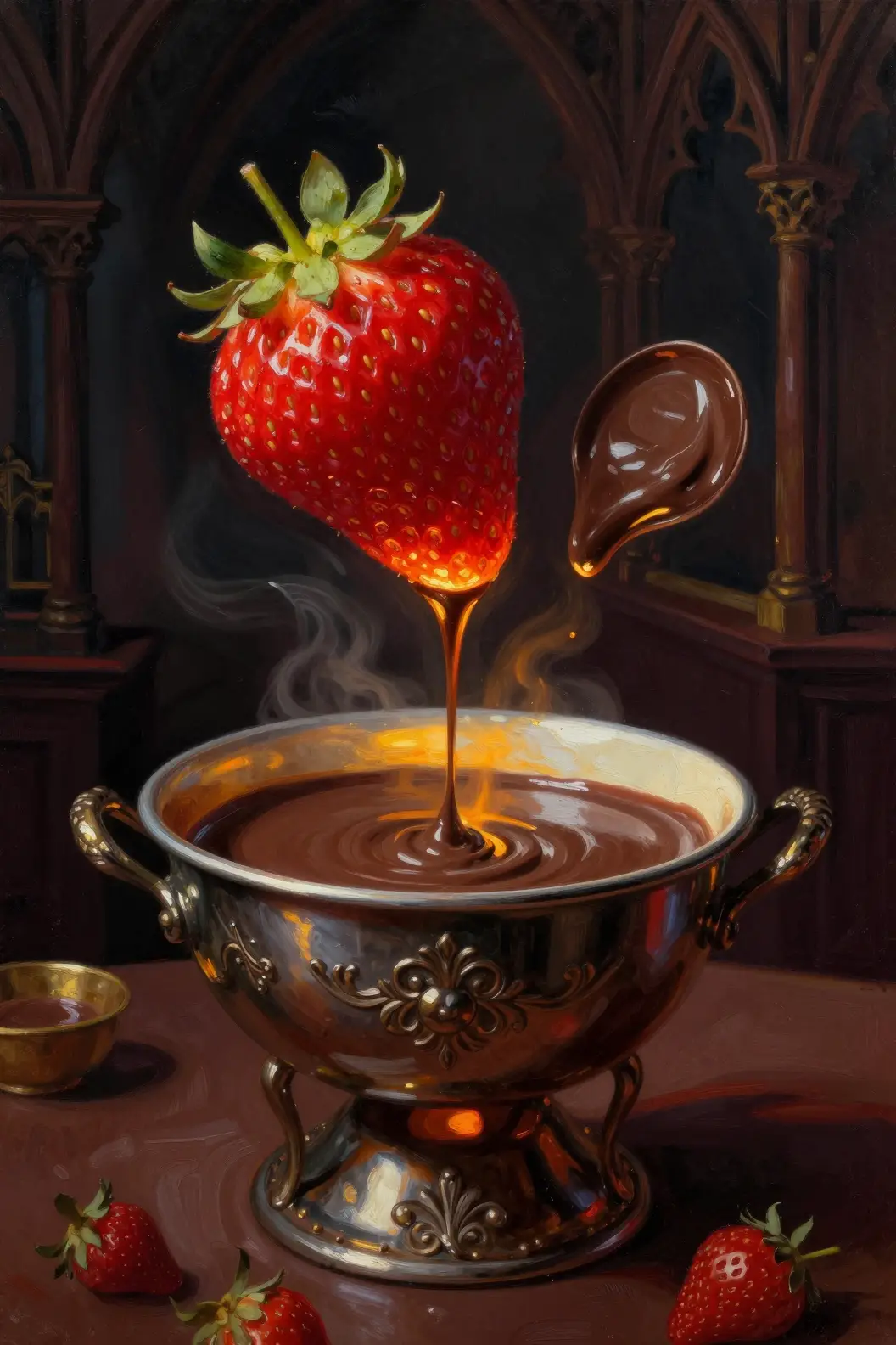 Primer plano de fondue de chocolate con fresa en luz dramática