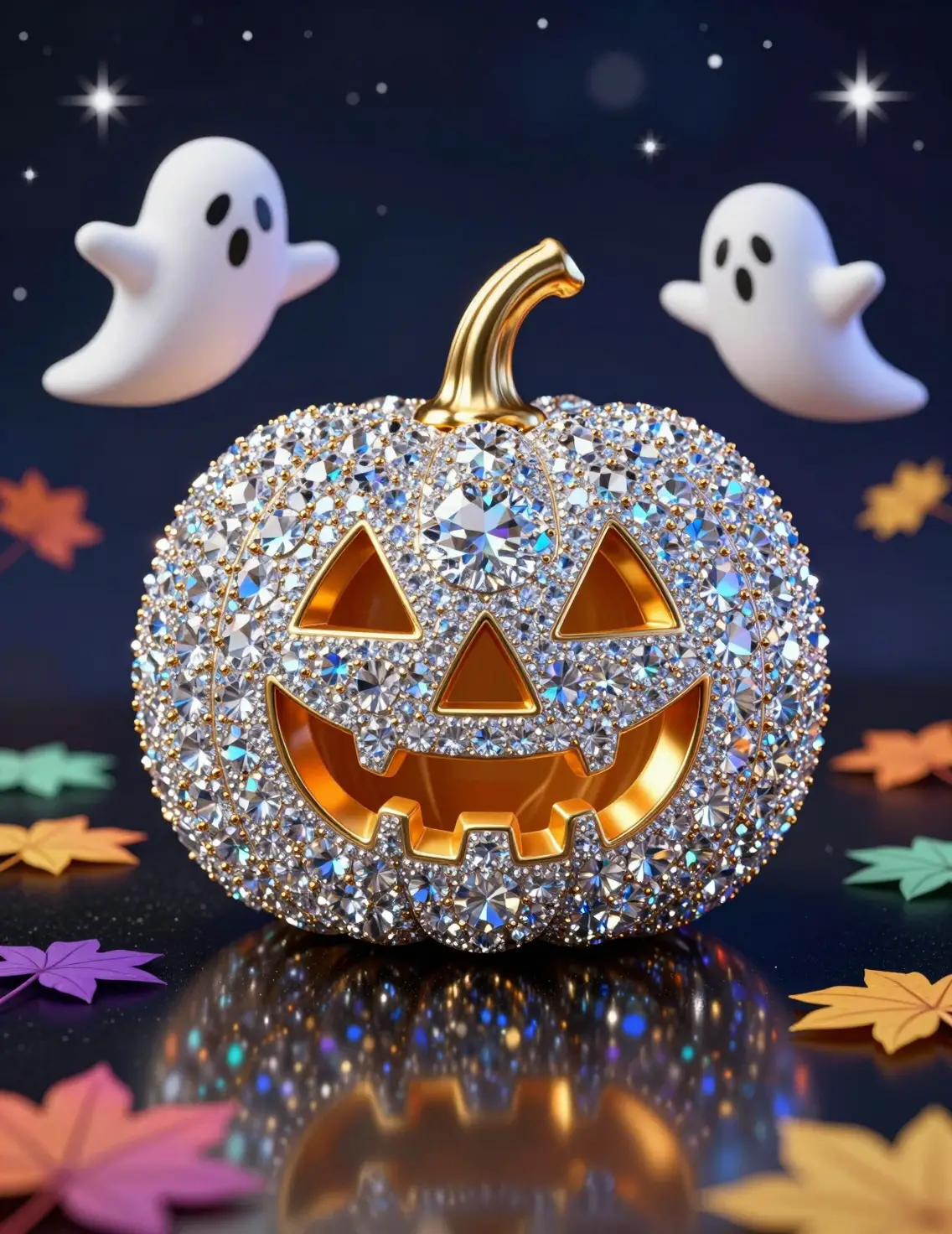 Calabaza lujosa de diamante con rostro dorado de jack-o’-lantern