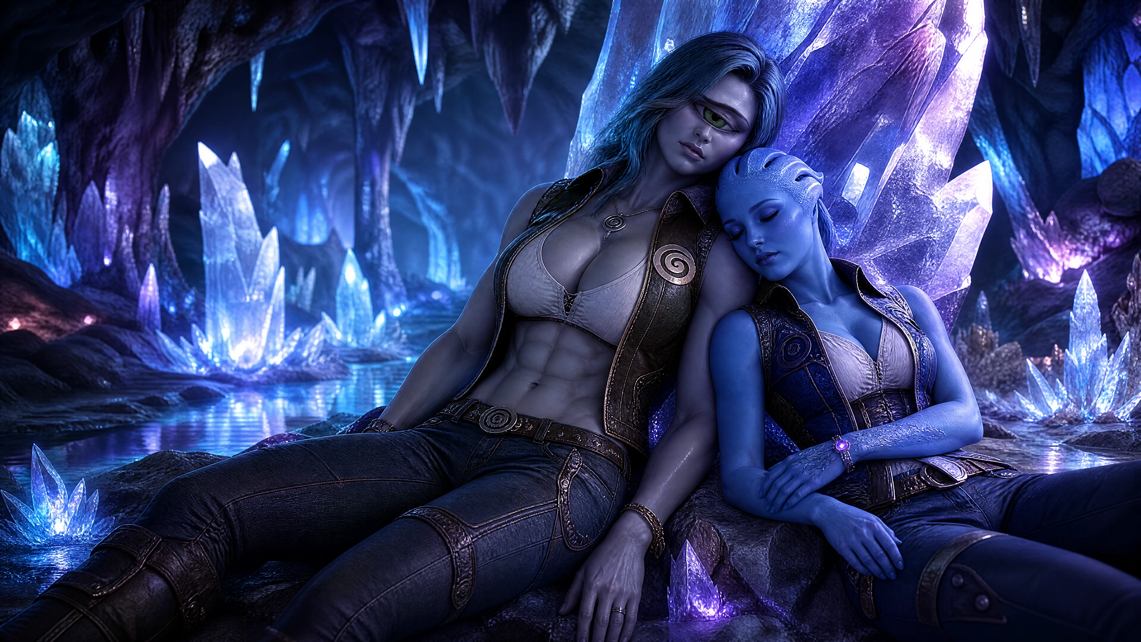 Two fantasy women sleeping together in a crystal cave