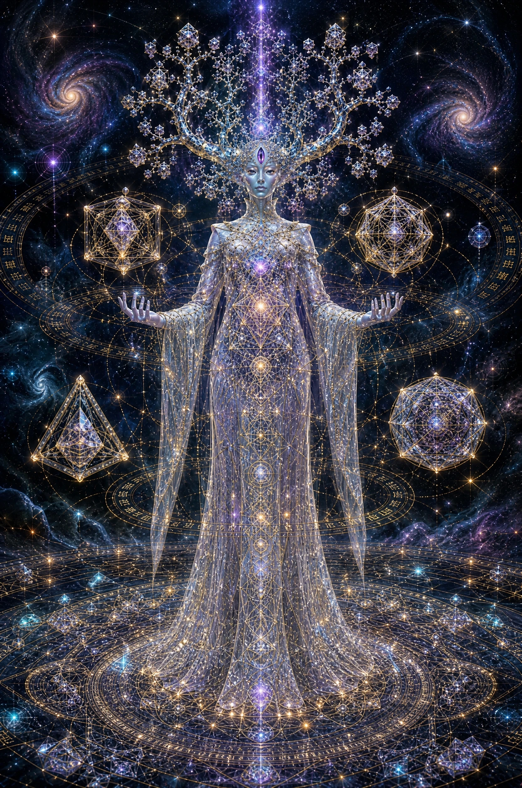 Crystalline cosmic goddess with third eye in deep space