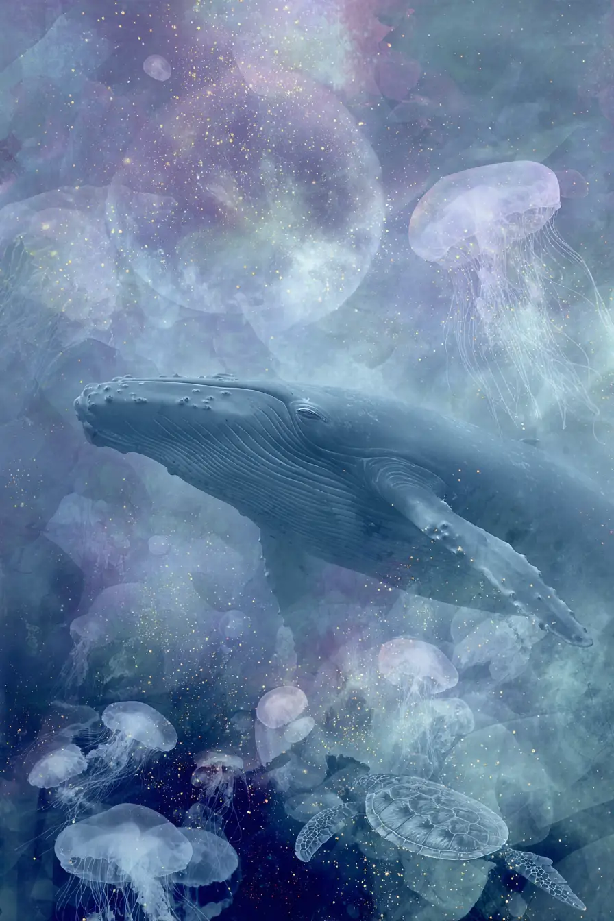 Baleine onirique en double exposition sous un ciel de superlune