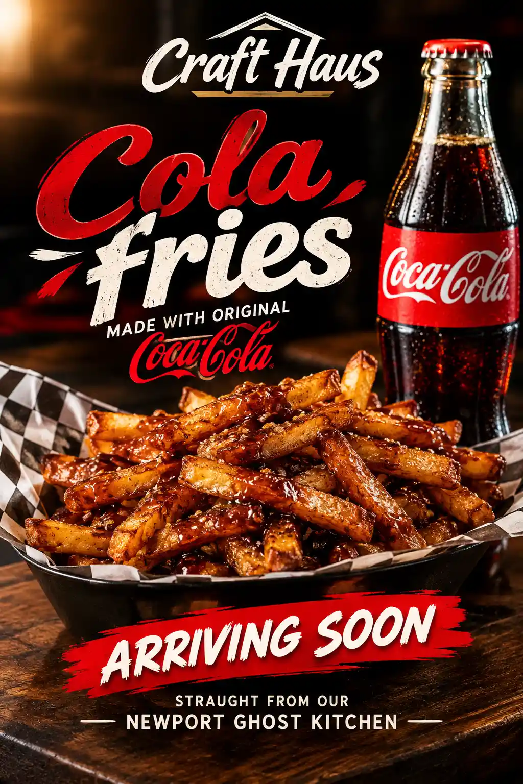Knusprige Pommes-Werbung mit fettem „Craft Haus Cola“-Text
