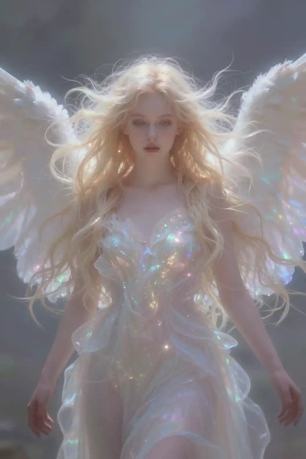 Angelic blonde girl in a soft pastel dreamscape portrait