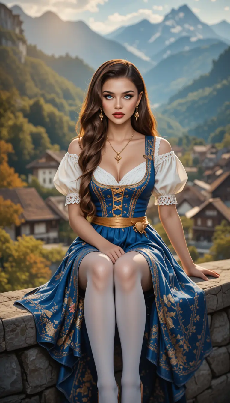 Young blonde woman in Bavarian dress at mountain village
