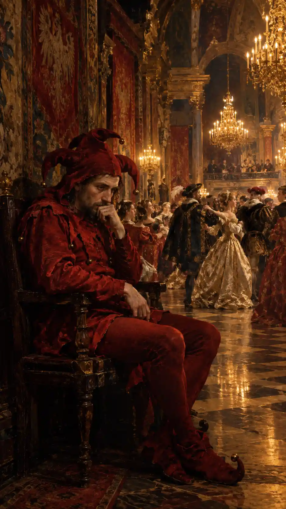Melancholic jester seated alone in a grand royal ballroom