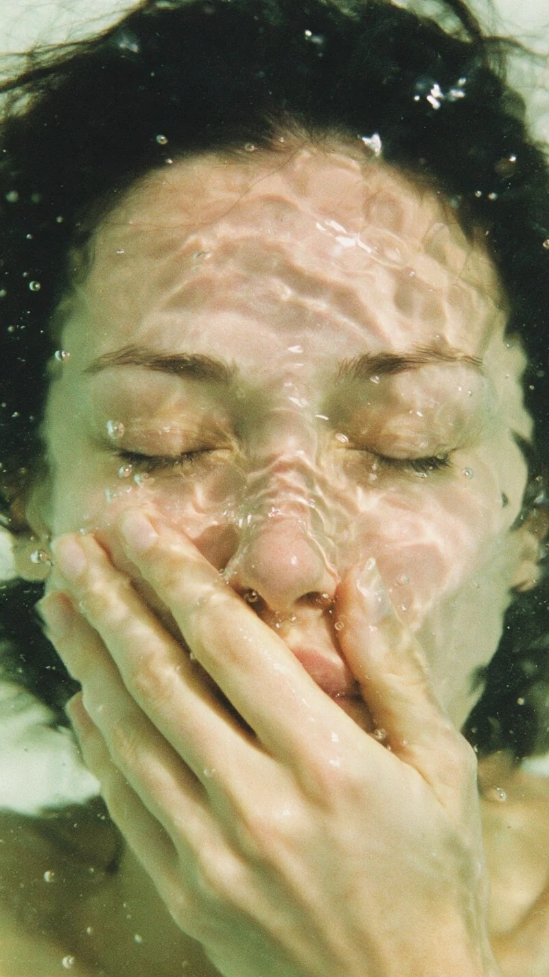 Portrait sous-marin en gros plan d’une femme avec la main sur le visage