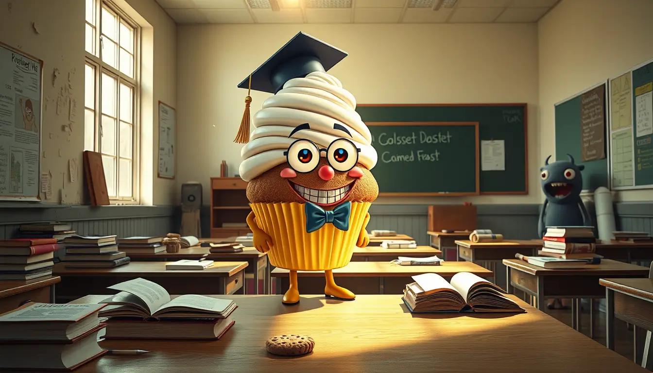 Cheerful cupcake teacher in a surreal sunlit classroom