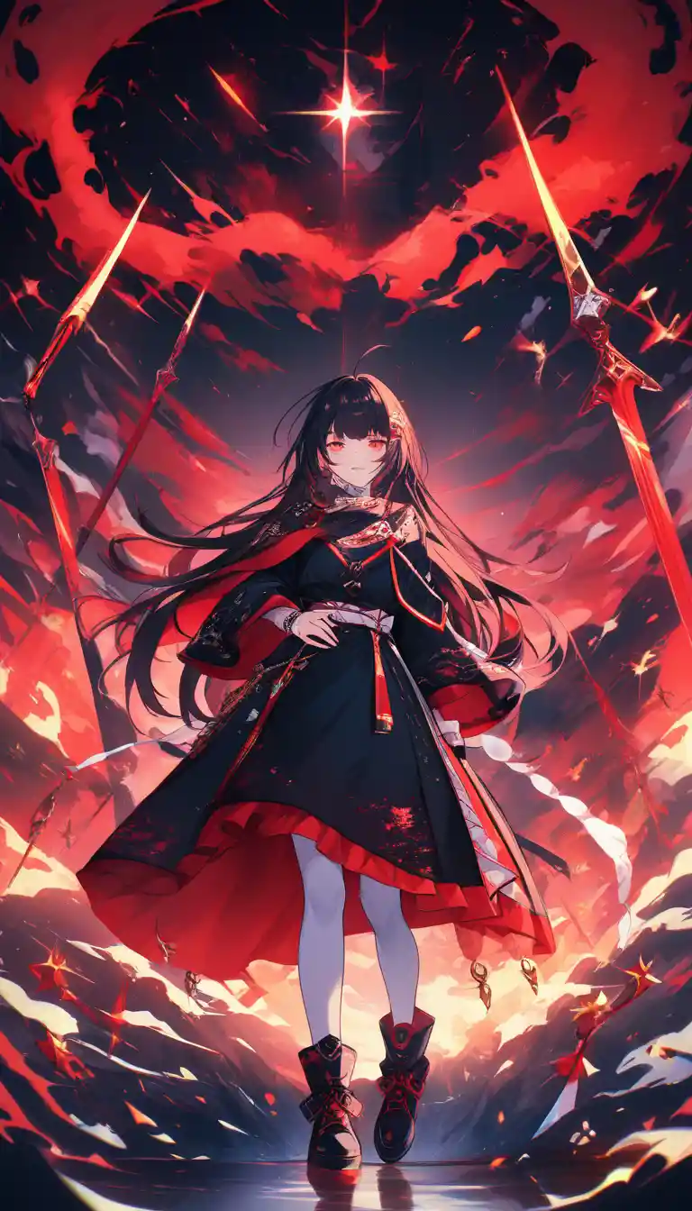 Ragazza anime triste che cammina in un campo di spade
