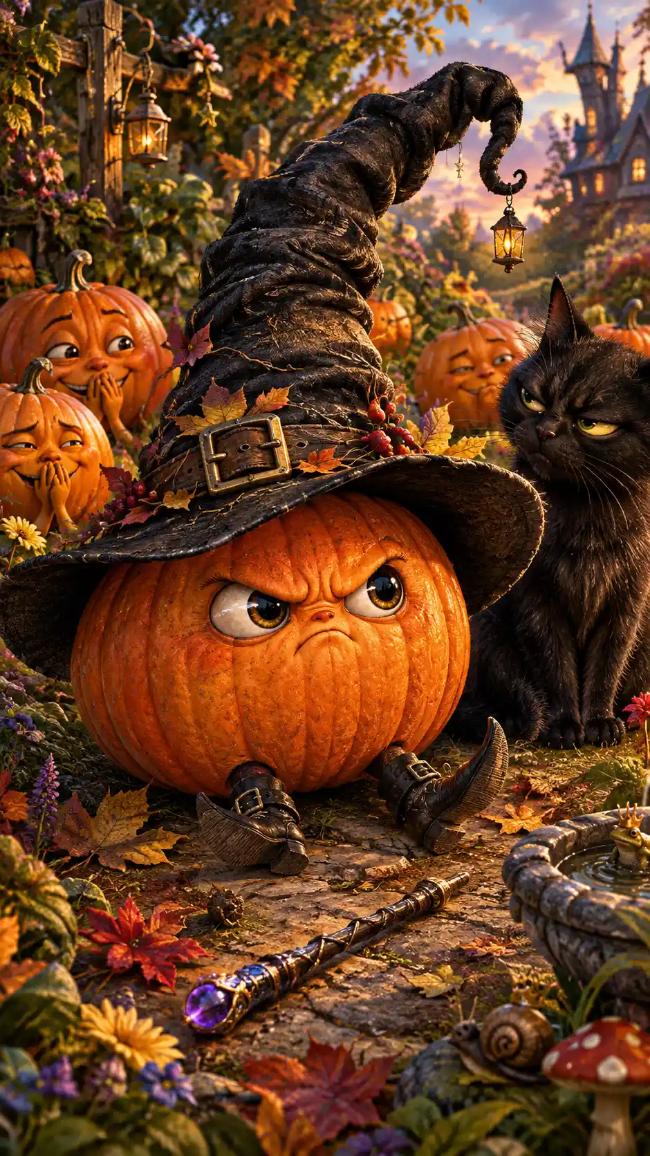 Tiny witch trapped in a pumpkin with a crooked hat