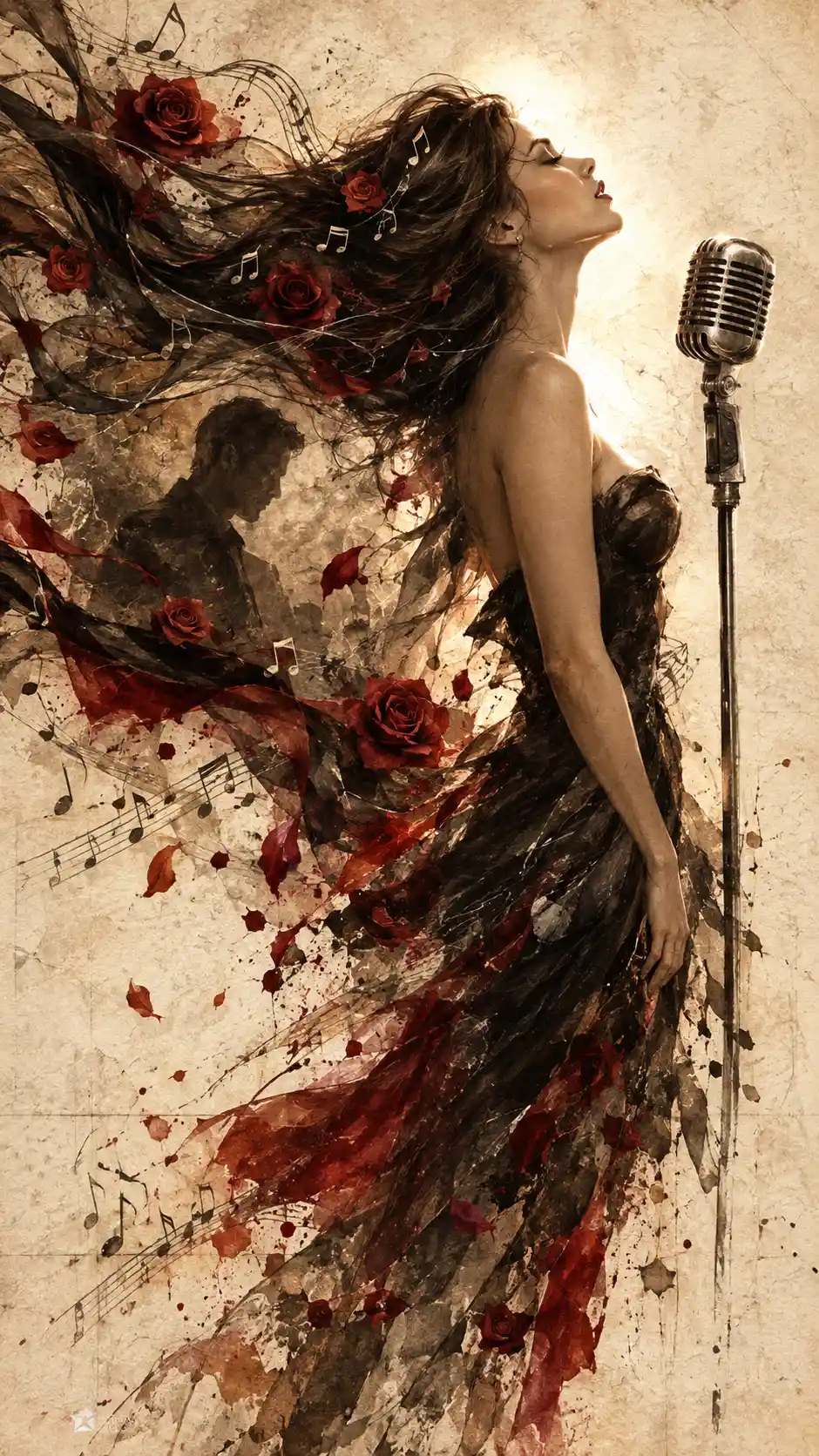 Surreal female singer silhouette with flowing musical hair