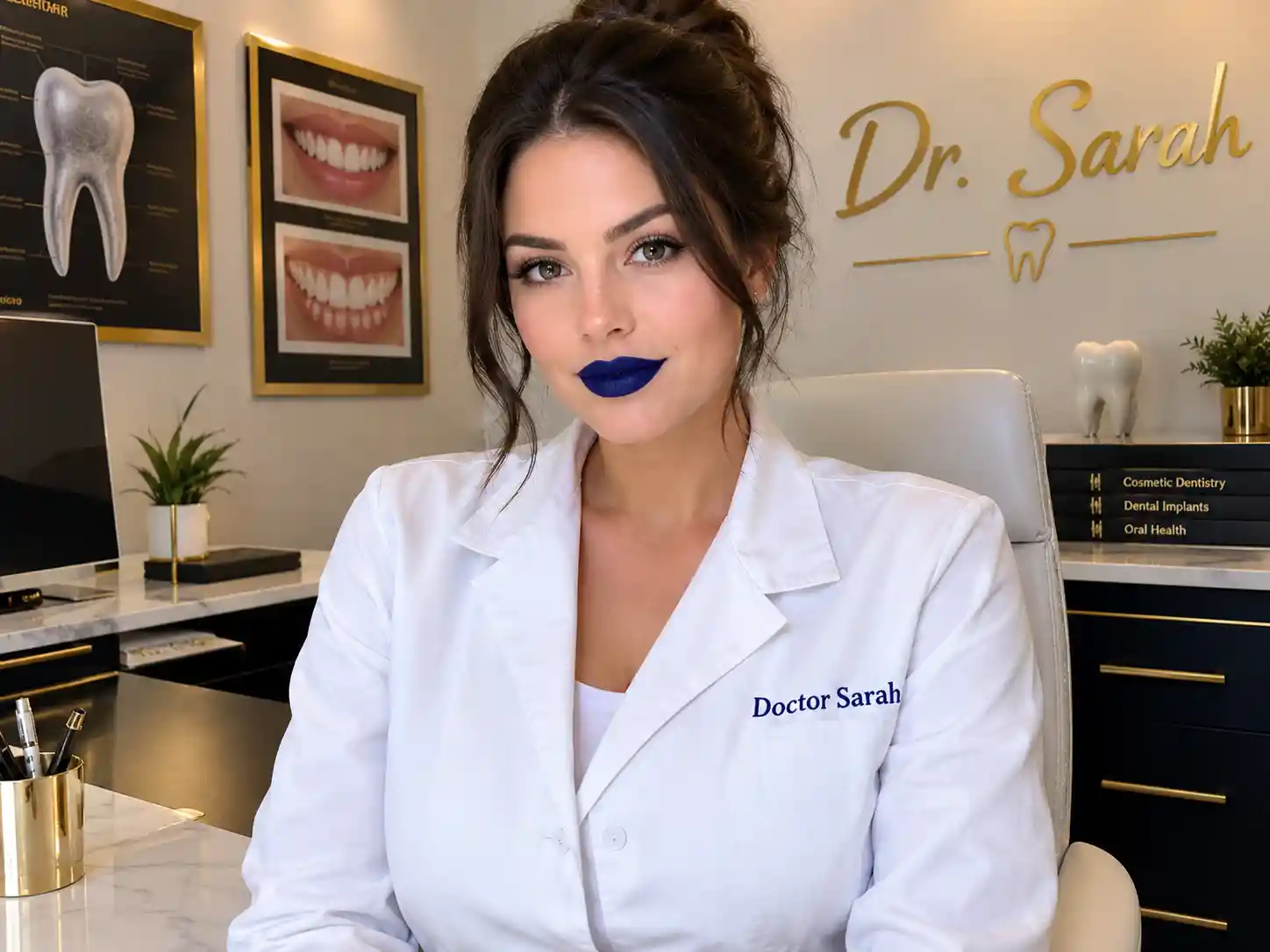 Mujer de labios azul oscuro con blusa blanca de doctora en el escritorio