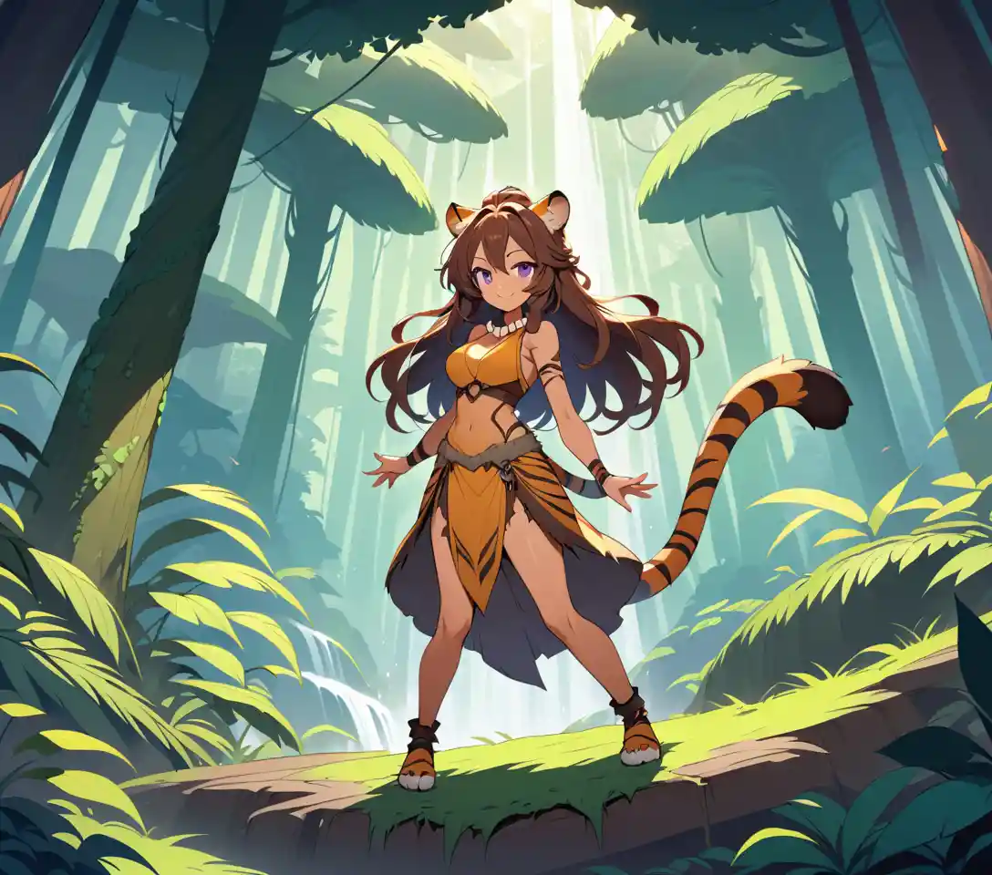 Anime tiger woman standing on a giant jungle tree root
