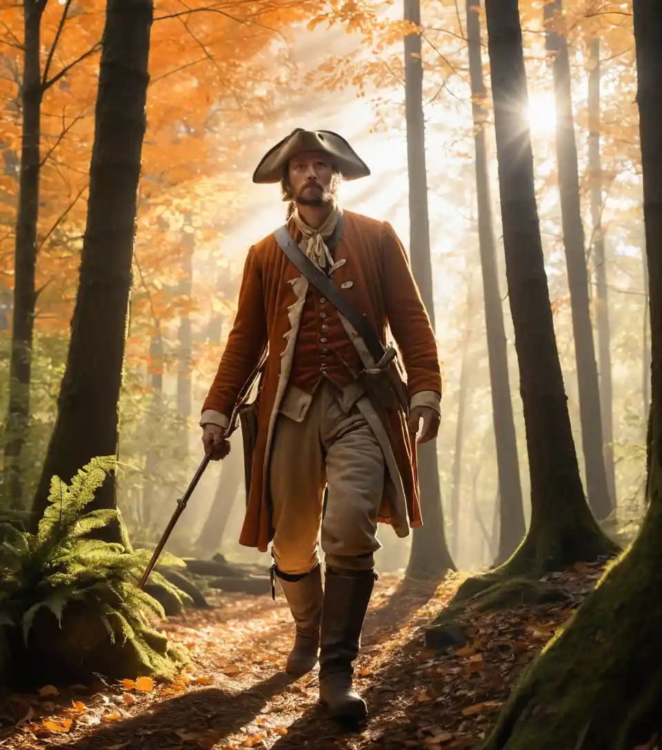 Eighteenth century trapper walking with musket in autumn forest
