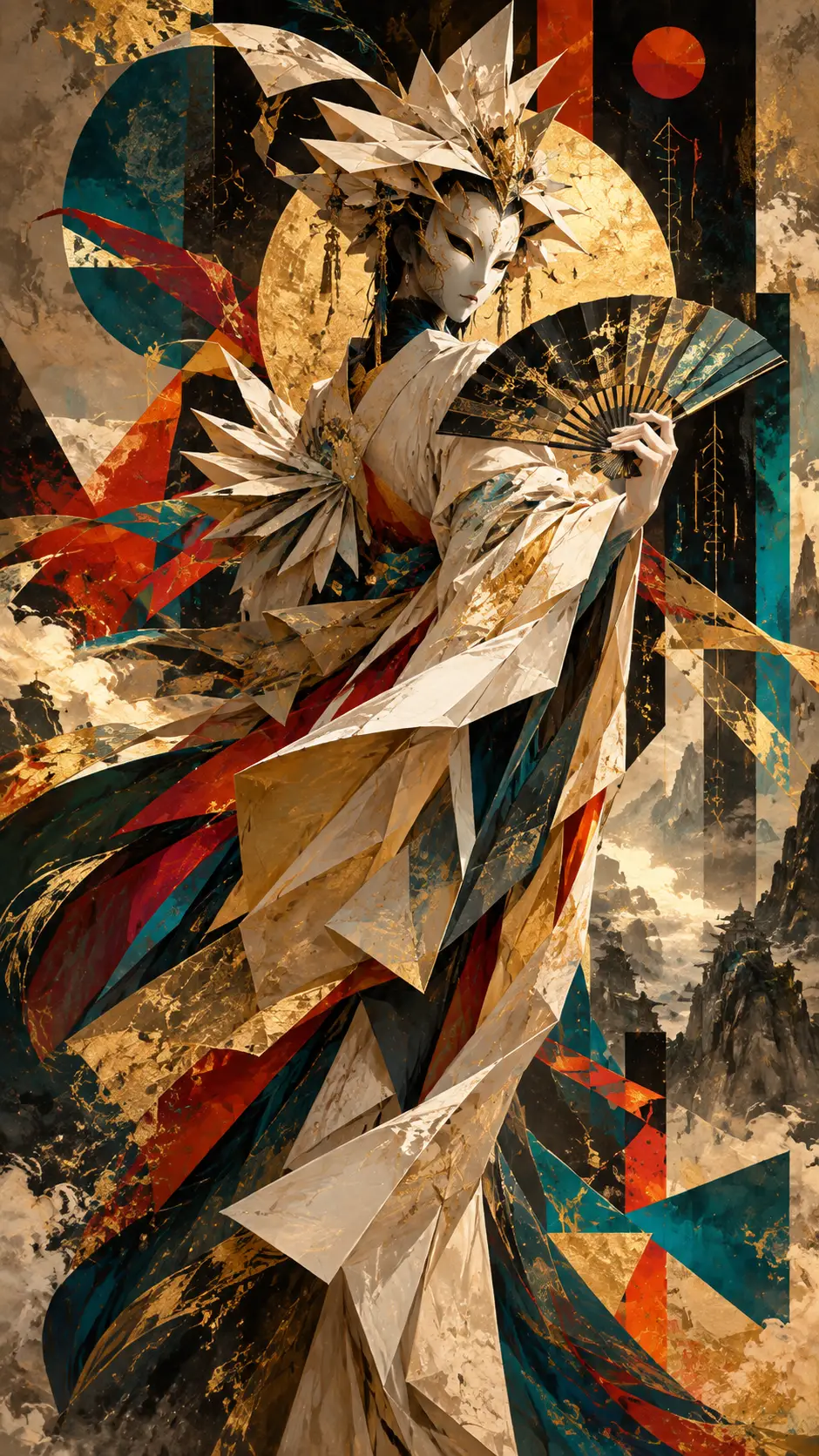 Majestuosa figura de origami con máscara y abanico sobre fondo abstracto